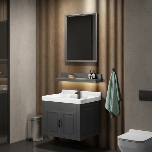 WASSMIST Bathroom Vanity Cabinet with Mirror & Shelf | Wall Mount Wash Basin (Dark Grey) Wall Hung Basin