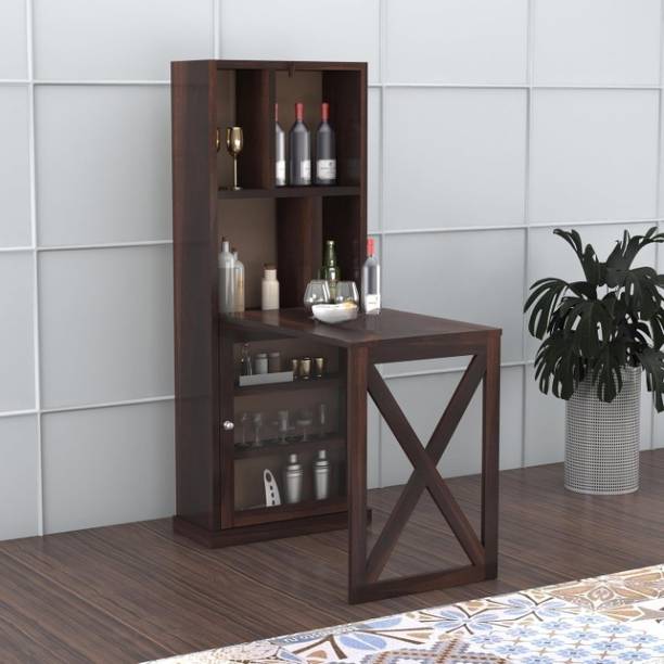 SUNCOM Wooden Bar Cabinet with Foldable Counter Table-Wooden Wine Rack with Glass Door Solid Wood Bar Cabinet
