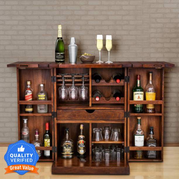 Allie Wood Sheesham Wood Bar Cabinet Rack for Home (Natural Brown Finish) Solid Wood Bar Cabinet
