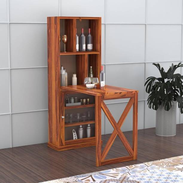 SUNCOM Sheesham Wood Bar Cabinet with Glass Storage & Foldable Counter Table Wine Rack Solid Wood Bar Cabinet
