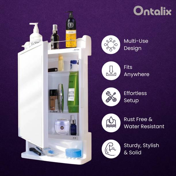 ONTALIX Wall Mounted Bathroom Cabinet with Mirror Storage Organizer Shelf Plastic Bar Cabinet