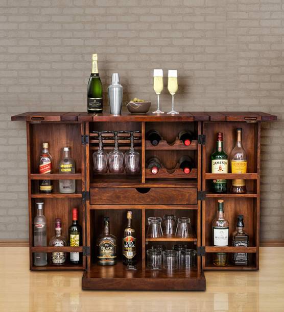 Allie Wood Sheesham Wood Bar Cabinet Rack Hard and Soft Drinks Storage Cabinets Furniture Wine Wisky Scotch All Type Drinks Bar Cabinet for Living Room (Honey Oak Finish) (With Lock Door System) Solid Wood Bar Cabinet