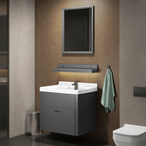 WASSMIST Bathroom Vanity Cabinet with Wash Basin, Mirror & Shelf (Dark Grey) Counter Top