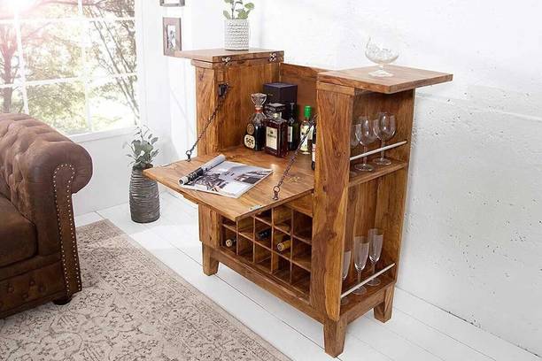 GOYALINTERIOR Sheesham Wood Bar Cabinet with Wine Bottle Rack/Storage Unit/Mini bar for Home Solid Wood Bar Cabinet