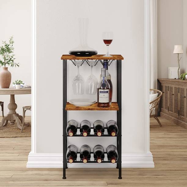 Indian Decor 44531 Freestanding Wine Rack with Glass Holder,8 Bottle,4-Tier Storage Stand Solid Wood Bar Cabinet