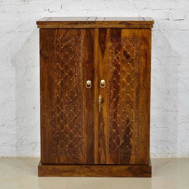 Krishna Wood Decor Solid Sheesham Wood Bar Cabinet for Wine Bottle and Glass Storage for Home Solid Wood Bar Cabinet