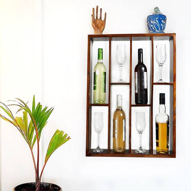 THANGLALA Solid Wood Bar Cabinet Wall Shelf With Bottele and Glass Hanging Solid Wood Solid Wood Bar Cabinet
