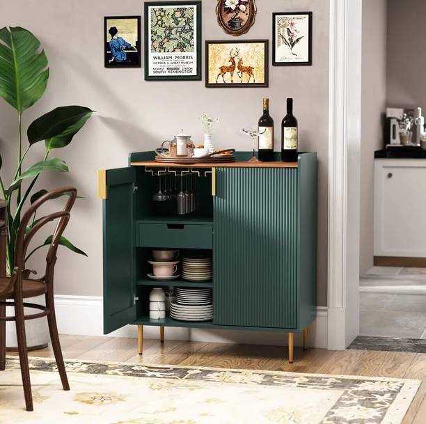 THE WOODEN CITY Wooden Wine Cabinet Storage Rack with Drawer & Glass Holder Solid Wood Bar Cabinet