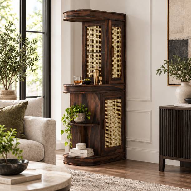 THE ATTIC The Attic Jaigarh Bar Cabinet|Round Bar for Home |Walnut Finish Solid Wood Bar Cabinet
