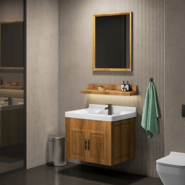 WASSMIST Bathroom Vanity Cabinet with Wash Basin, Mirror & Shelf (Brown) Counter Top