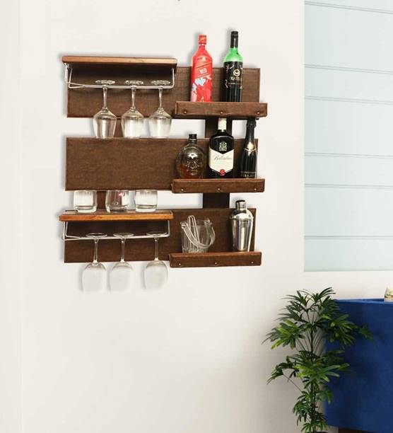 THANGLALA Solid Wood Bar Cabinet Wall Shelf With Bottele and Glass Hanging Solid Wood Solid Wood Bar Cabinet