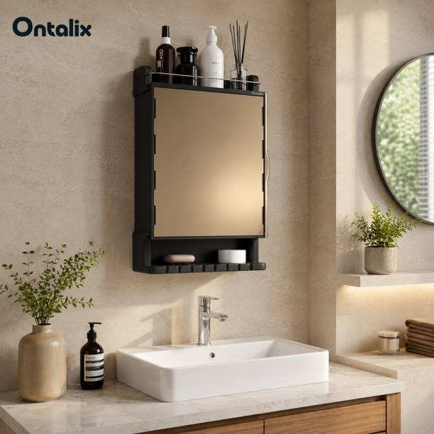 ONTALIX 1 Piece Acrylic Bathroom Mirror Cabinet Wall Mounted Storage Organizer with Door Plastic Bar Cabinet