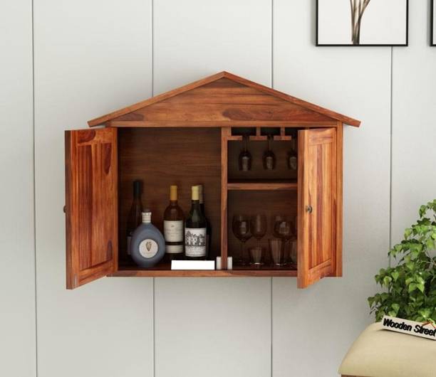 HUDDA Hudda Solid Wood Bar Cabinet Wall Shelf With Bottele and Glass Hanging Solid Wood Bar Cabinet