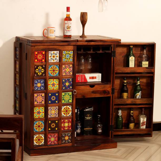 Sheesham Craft Tielac Double Door Wine Cabinet,20 Glass & 50 Bottle Rack,Drawer Solid Wood Bar Cabinet