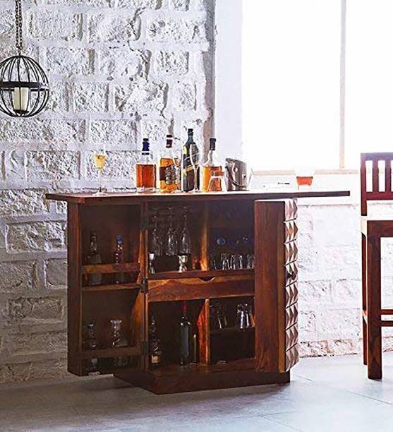 TRUE FURNITURE Sheesham Wood Stylish Bar Cabinet with Wine Glass Storage for Living Room | Dark Brown Solid Wood Bar Cabinet