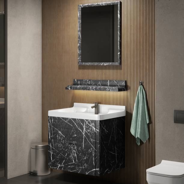WASSMIST Bathroom Vanity Cabinet with Wash Basin, Mirror & Shelf (Black) Counter Top