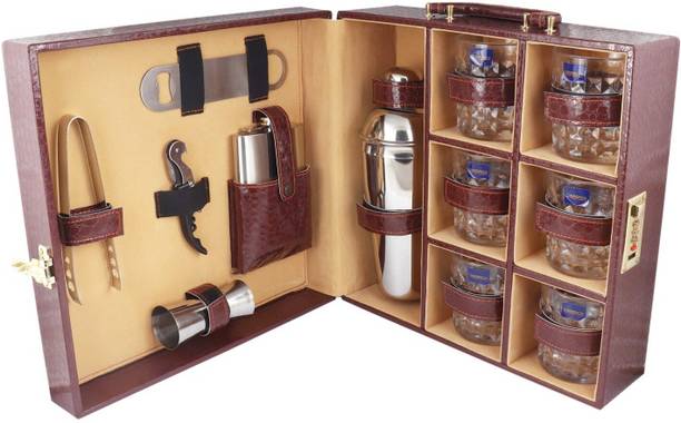 SURFNPICK Portable Brown Premium Bar Set With 6 Whiskey Glasses for Picnic, Travel & Car 1 - Piece Bar Set