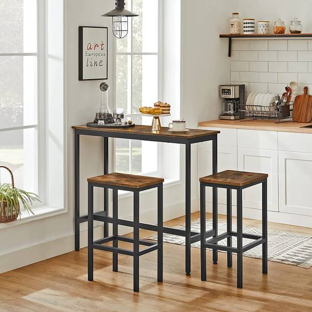 Anishwar Rattan Wooden And Wrought Iron 2 Stool, 1 Table Metal Bar Stool