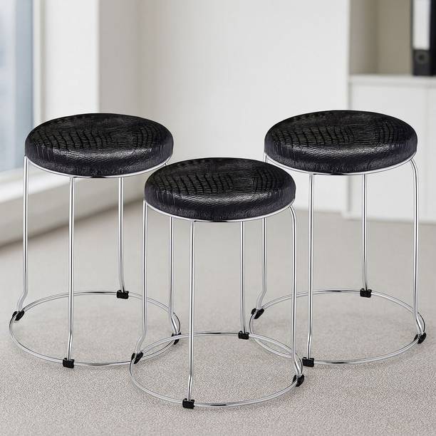 Pistevo Black Round Stool with Chrome Metal Frame – Multipurpose set of 3 Metal Bar Stool