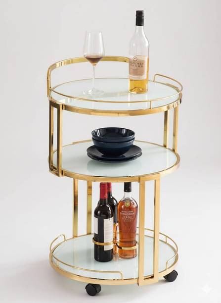 CROWN ART SHOPPEE Elite 3-Tier Luxury Rolling Bar Cart Metal Bar Trolley