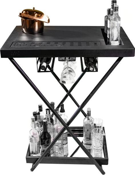 HAUS OF BARS Model J -Multi-Functional, Portable and Foldable Bar Table in Matte Black Finish Metal Bar Trolley