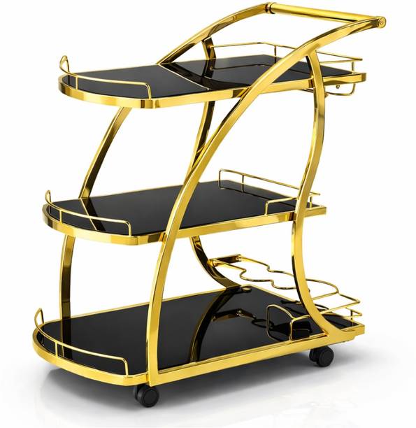 AASHIRWAAD HANDICRAFTS Luxury 3-Tier Stainless steel Bar Trolley with Gold Frame & Black Glass Glass Bar Trolley