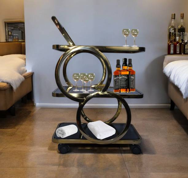 KSDECORS Modern Bar Trolley with Glass Shelves & Golden Frame – Ideal for Bar Setup Metal Bar Trolley