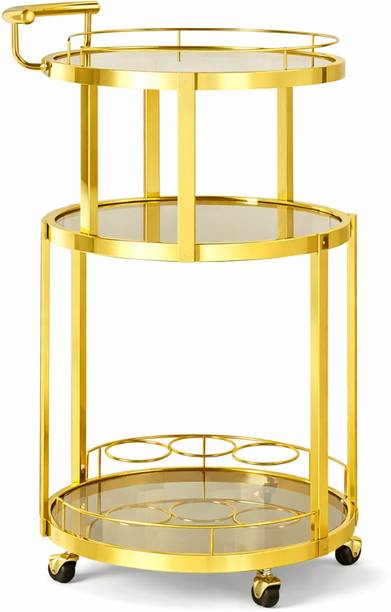 AASHIRWAAD HANDICRAFTS 3-Tier Stainless steel Bar Trolley with Glass Shelves & Wheels (Round Shape) Glass Bar Trolley