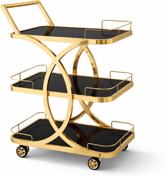 AASHIRWAAD HANDICRAFTS Luxury Gold Bar Trolley Cart with Wheels | 3- Tier Stainless Steel Trolley Glass Bar Trolley