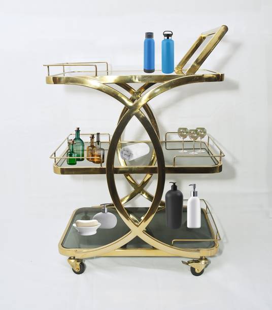 KSDECORS 3-Tier Bar Trolley for Home Bar with Glass Shelves & Gold Frame Metal Bar Trolley
