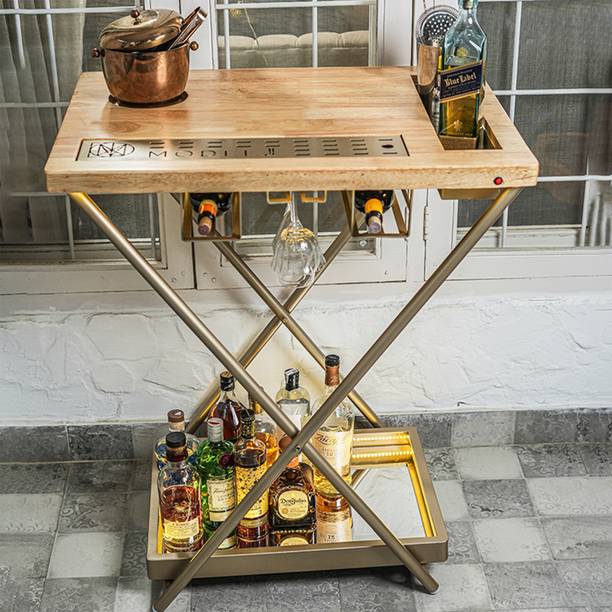 HAUS OF BARS Model J - Portable and Foldable Bar Table in Matte Gold Finish with Wooden Top Metal Bar Trolley