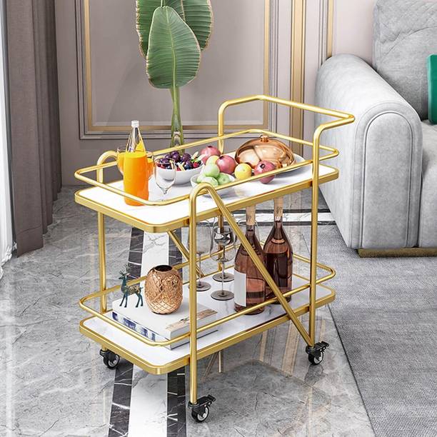 DEMIHEES Gold Frame Dual-Tier Marble Serving & Bar Cart with Wheels Metal Bar Trolley