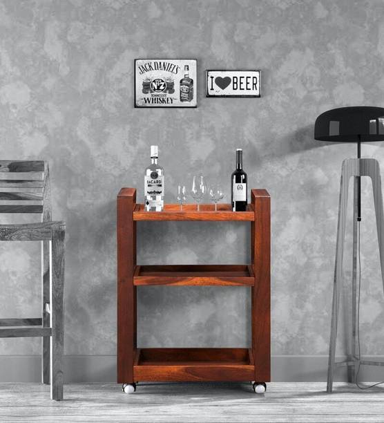 SHRI MINTU'S ART Solid Wooden Movable Bar Trolley|Finish:-Natural Teak| Solid Wood Bar Trolley Solid Wood Bar Trolley