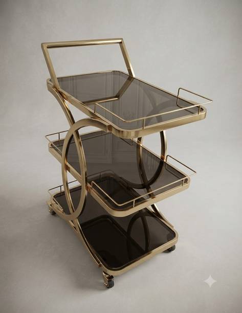 KSDECORS 3-Tier Bar Trolley for Home Bar with Glass Shelves & Gold Frame Metal Bar Trolley
