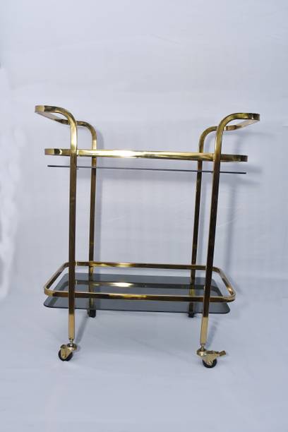 KSDECORS Bar Trolley with Gold Finish & Glass Shelves – 2-Tier Serving Cart Metal Bar Trolley