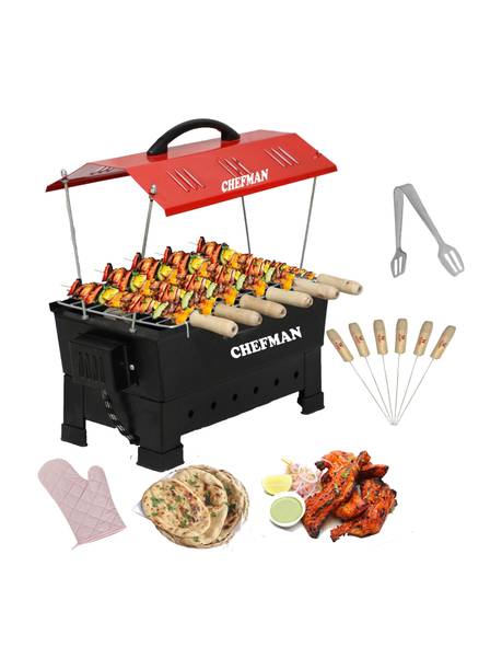 Chefman Camping Barbecue Grill, Tandoor, Toaster, Roaster Fully Electric Charcoal Compact Portable, Large Size, Red Electric Grill with 6 Wooden Handle Skewers,Hand Gloves Tong Electric Tandoor