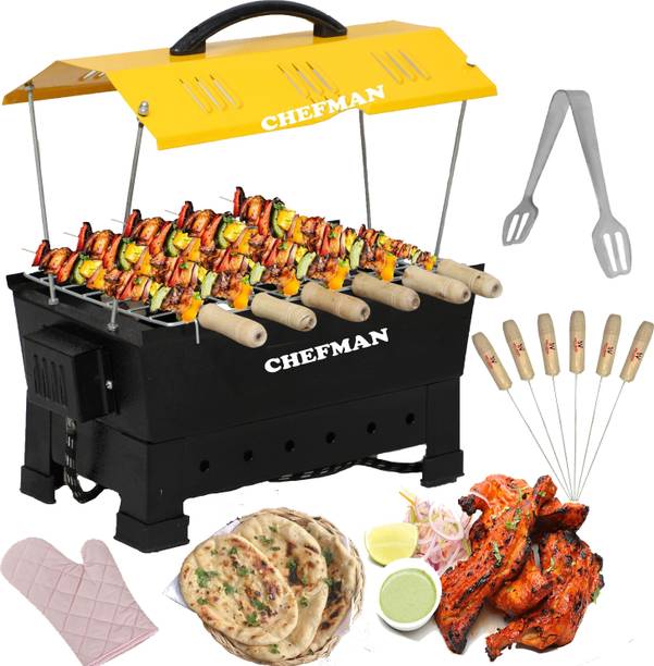 Chefman Electric & Charcoal Barbeque Grill Compact & Elegant Look with Healthy Cooking, 6 Skewers Barbeque with Wooden Handles-YELLOW Hut Shape Electric Grill Electric Tandoor