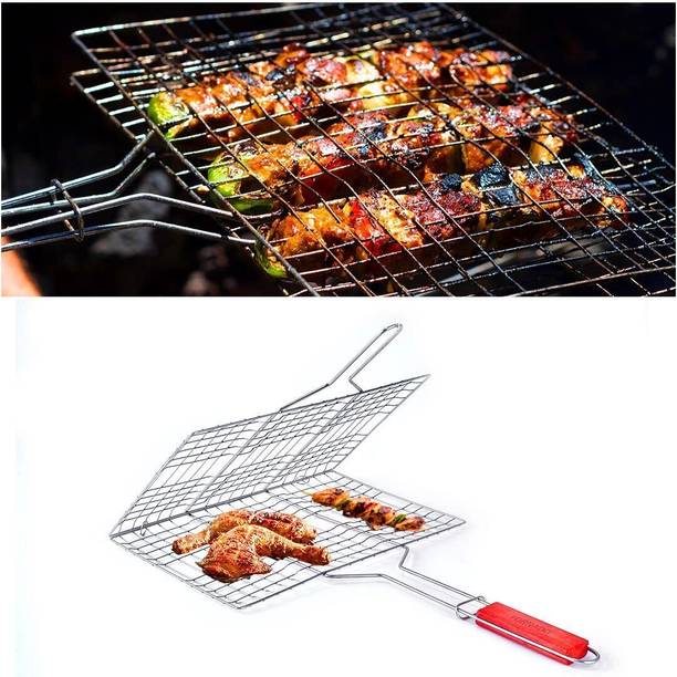 Freshome Portable Steel BBQ Grill Net Basket for Barbecue Fish, Meat, Steak Seafood Grilling Tray Plated with Wooden Handle (46.5 x 24 x 2 cm) Charcoal Grill