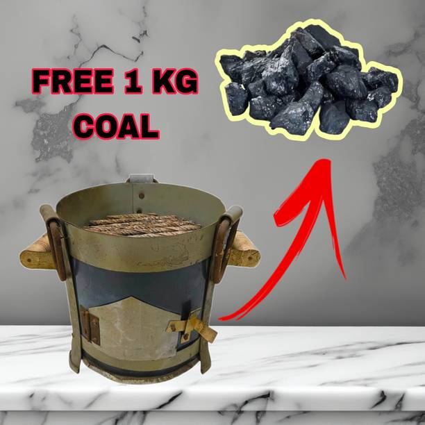S.K.Mandir ItemsAnd Kitchenware Heavy Duty Iron Coal Wood Stove / Sigdi with Wooden Handles for Outdoor Cooking, Camping, and Traditional Cooking – Durable & Portable Design, Free 1 kg coal Charcoal Grill