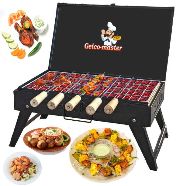Geico master BriefcaseStyleFoldingCompactPicnicBarbequeGrill,with5Skewer Charcoal Grill