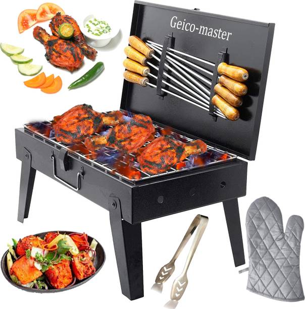 Geico master BriefcaseFoldingBarbequeGrill,8Skewer,1MetalGrill,HandGlove,1Tong Charcoal Grill