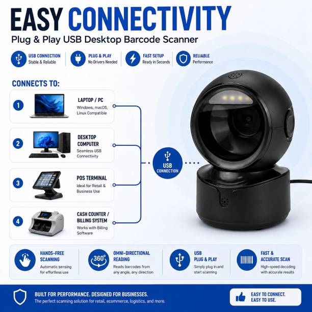 RAISA PRINTECH RPA5 Hands-Free 2D & 1D USB Desktop Barcode Scanner for Retail & POS Omni-Directional Barcode Scanner
