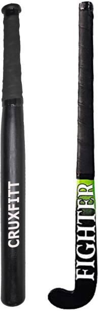 CRUXFITT Solid Wooden Basebat combo with Hockey stick for men practice & self defence Willow Softball  Bat
