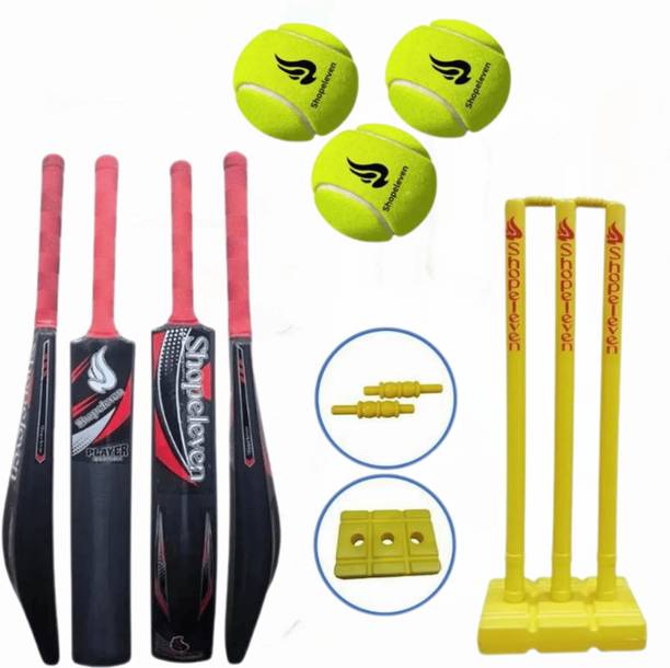 शॉपलेवेन Plastic Bat with Stumps and 3 Tennis Balls for Practice Session PVC/ प्लास्टिक क्रिकेट बैट फॉर 15+ Yrs