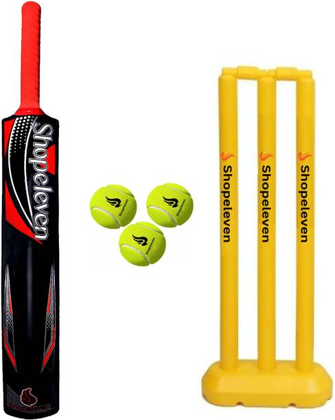 GJSHOP All in One Cricket Play Set, Black Plastic Bat, Stumps and 3 Tennis Balls PVC/Plastic Cricket  Bat For 15+ Yrs