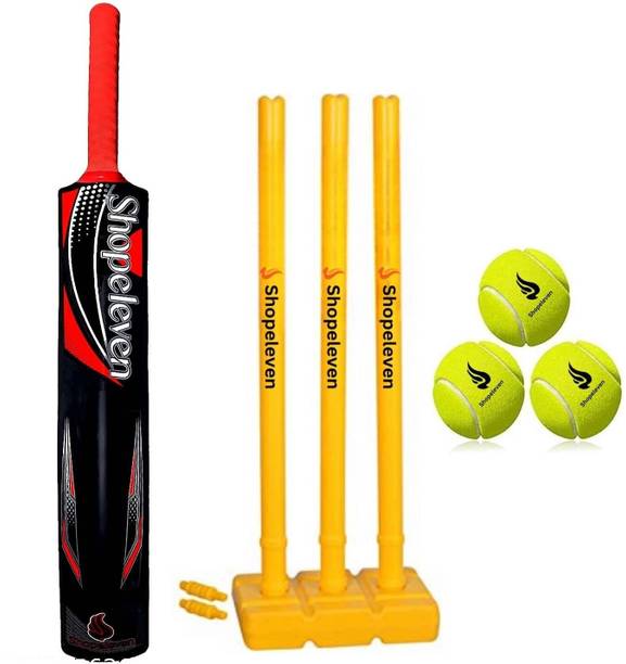 Shopeleven Cricket Starter Set for Kids, Black Plastic Bat, Stumps, and 3 Soft Tennis Balls PVC/Plastic Cricket  Bat For 15+ Yrs