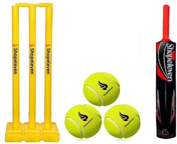 Shopeleven Play Anywhere Cricket Set, Black Bat, Easy-to-Set-Up Stumps, and 3 Tennis Balls PVC/Plastic Cricket  Bat For 15+ Yrs