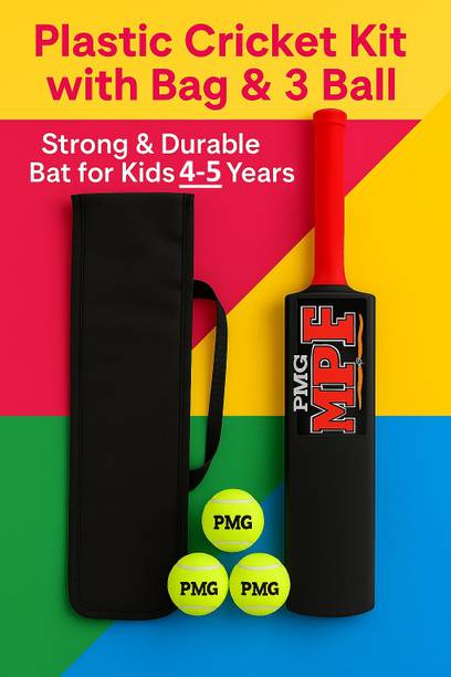 PMG Plastic Cricket Kit with Bag & 3 Ball | Heavy Duty Durable Bat for Kids 4–6 Year PVC/Plastic Cricket  Bat For 4 - 5 Yrs