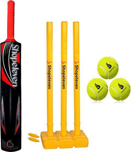 GJSHOP Complete Cricket Set with Black Plastic Bat, 3 Tennis Balls, and Stumps PVC/Plastic Cricket  Bat For 15+ Yrs