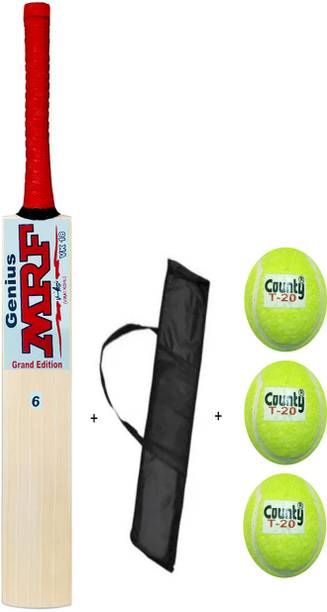 MRF Wooden size 6 cricket bat with cover & 3 tennis balls combo Poplar Willow Cricket  Bat For 15+ Yrs